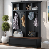 Farmhouse 4-in-1 Hall Tree with Wood Grain Bench, Mudroom Versatile Coat Rack with 2 Large Drawer, Entrance Organizer for Hallway, Living Room, Black, 55.9"W (OLD SKU: N721P313099B)