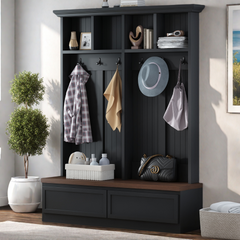 Farmhouse 4-in-1 Hall Tree with Wood Grain Bench, Mudroom Versatile Coat Rack with 2 Large Drawer, Entrance Organizer for Hallway, Living Room, Black, 55.9"W (OLD SKU: N721P313099B)