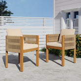 Acacia Wood Outdoor Dining Chairs 2-Pack with Brown Rope Handles, Washable Waterproof Beige Cushions, 400 lbs Capacity