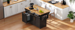 K&K 59.3" Kitchen Island with Storage 2 Pull Out Cabinet Organizers & Rubber Wood Drop Leaf, Rolling Kitchen Island with Trash Can Storage, Power Outlet, Spice & Towel Rack for Kitchen, Dining, Black