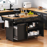 K&K 59.3" Kitchen Island with Storage 2 Pull Out Cabinet Organizers & Rubber Wood Drop Leaf, Rolling Kitchen Island with Trash Can Storage, Power Outlet, Spice & Towel Rack for Kitchen, Dining, Black