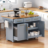 K&K 59.3" Kitchen Island with 2 Pull Out Cabinet Organizers & Rubber Wood Drop Leaf, Rolling Kitchen Island with Trash Can Storage, Power Outlet, Spice & Towel Rack for Kitchen, Dining, Grey Blue