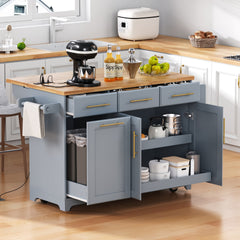 K&K 59.3" Kitchen Island with 2 Pull Out Cabinet Organizers & Rubber Wood Drop Leaf, Rolling Kitchen Island with Trash Can Storage, Power Outlet, Spice & Towel Rack for Kitchen, Dining, Grey Blue