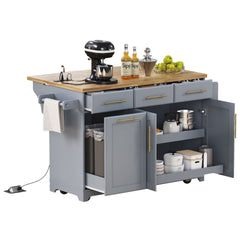 K&K 59.3" Kitchen Island with 2 Pull Out Cabinet Organizers & Rubber Wood Drop Leaf, Rolling Kitchen Island with Trash Can Storage, Power Outlet, Spice & Towel Rack for Kitchen, Dining, Grey Blue