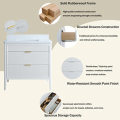 Fully Assembled 36'' White Freestanding Single Sink Bathroom Vanity with 2 Handle Sets and Engineered Marble Top