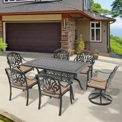 7-Piece All-Weather Cast Aluminum Dining Set, Include 2 Swivel Chairs,4 Dining Chairs and Rectangular Table With Black Frame(same sku:W1710S00370)