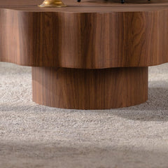 31.5" Scalloped Edge Coffee Table - Walnut MDF Wood Grain Sticker Center Table, Modern Irregular Round Coffee Table for Living Room/Bedroom (Easy Assembly)