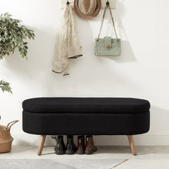 Luxury Oval Boucle Storage Ottoman Bench with Wood Legs 350lb Weight Capacity & Safety Hinge, for Living Room, Bedroom Entryway,BLACK