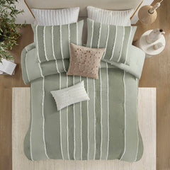 3 Piece Striped Cotton Comforter Set Sage King/Cal King