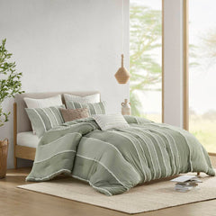 3 Piece Striped Cotton Comforter Set Sage King/Cal King