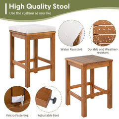 5 Piece Outdoor Bar Set, Patio Acacia Wood Bar Height Table & Four Stools with Cushions, Wood Dining Bar Set for Backyard, Poolside, Balcony, Beige Cushion and Natural Wood