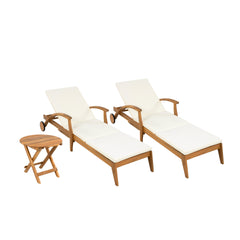 OUTDOOR RECLINER SIDE TABLE SET - COMES WITH 2 INCH CUSHION AND ADJUSTABLE BACKREST CHAISE LOUNGE WITH WHEEL & FOLDABLE AND ADJUSTABLE ACACIA WOOD SIDE TABLE FOR POOLSIDE PORCH