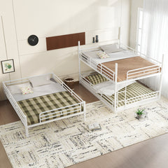 Queen over Queen over Queen Bunk Bed, Metal Triple Bunk Bed with Safety Guardrails, Heavy-duty Bunk Bed with Noise-reduced Design, White