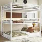 Queen over Queen over Queen Bunk Bed, Metal Triple Bunk Bed with Safety Guardrails, Heavy-duty Bunk Bed with Noise-reduced Design, White
