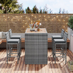 <Old SKU: FG201216AAE> GO 5-pieces Outdoor Patio Wicker Bar Set, Bar Height Chairs With Non-Slip Feet And Fixed Rope, Removable Cushion, Acacia Wood Table Top, Brown Wood And Gray Wicker
