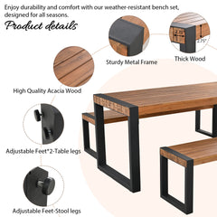 <Old SKU: FG201232AAA> GO 3-pieces Outdoor Dining Table With 2 Benches, Patio Dining Set With Unique Top Texture, Acacia Wood Top & Steel Frame, All Weather Use, For Outdoor & Indoor, Natural