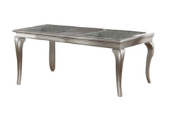 Dining Table Rectangle Glass inert Top Silver Hue 7pc Dining Table 6x Side Chairs Tufted Back Dining Room Furniture
