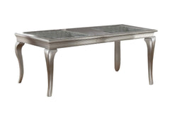 Dining Table Rectangle Glass inert Top Silver Hue 7pc Dining Table 6x Side Chairs Tufted Back Dining Room Furniture