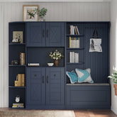 Multifunctional left-right combination hall cabinet (can be used separately) with storage and 4 hooks, storage cabinet/ hall tree 2 in 1 for living room, kitchen and hallway, Antique Blue