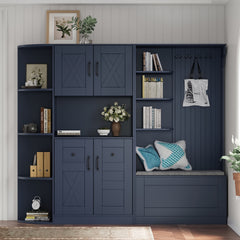Multifunctional left-right combination hall cabinet (can be used separately) with storage and 4 hooks, storage cabinet/ hall tree 2 in 1 for living room, kitchen and hallway, Antique Blue