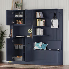 Multifunctional left-right combination hall cabinet (can be used separately) with storage and 4 hooks, storage cabinet/ hall tree 2 in 1 for living room, kitchen and hallway, Antique Blue