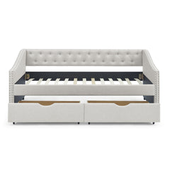 Twin Size Daybed with Drawers Upholstered Tufted Sofa Bed, with Button on Back and Copper Nail on Waved Shape Arms, Beige(81.5''x41''x30.5'')