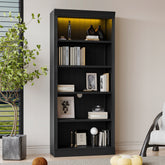 83.4" Tall Wood Bookcase with light strip,5-Tier Decor Bookshelves with Adjustable Shelves,Storage Organizer for CDs/Books/Movies,Free Standing Storage Shelves for Living Room,Home Office,Black