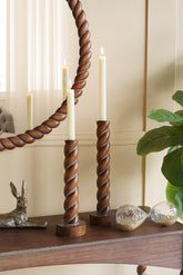 S/2 Brown Birch Wood Candle Holders with Spiral Design, S:3.5x3.5x11" L:3.5x3.5x13"