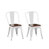 Set of 2 High Gloss White with Walnut Wooden Seat Industrial Metal Dining Chairs 18 Inch Seat Height Stackable, Indoor Outdoor, Lightweight Easy-Clean Surface, Easy Assembly, Durable Modern Design