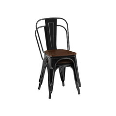 Set of 2 High Gloss Black with Walnut Wooden Seat Industrial Metal Dining Chairs 18 Inch Seat Height Stackable, Indoor Outdoor, Lightweight Easy-Clean Surface, Easy Assembly, Durable Modern Design