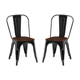 Set of 2 High Gloss Black with Walnut Wooden Seat Industrial Metal Dining Chairs 18 Inch Seat Height Stackable, Indoor Outdoor, Lightweight Easy-Clean Surface, Easy Assembly, Durable Modern Design