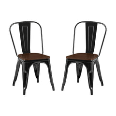 Set of 2 High Gloss Black with Walnut Wooden Seat Industrial Metal Dining Chairs 18 Inch Seat Height Stackable, Indoor Outdoor, Lightweight Easy-Clean Surface, Easy Assembly, Durable Modern Design