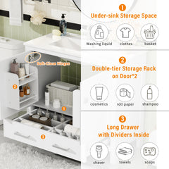 36" White Bathroom Vanity with Ceramic Sink, Soft-Close Doors, Double Storage Shelves & Divided Drawer – Modern Bathroom Cabinet with Ample Storage