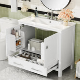 36" White Bathroom Vanity with Ceramic Sink, Soft-Close Doors, Double Storage Shelves & Divided Drawer – Modern Bathroom Cabinet with Ample Storage