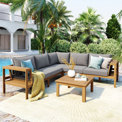 <Old SKU: N704G201249E> 4 Pieces Outdoor Acacia Wood Sofa Set, Woven Mesh Armrests, L-Shaped Patio Furniture Sofa Set with Coffee Table, Outdoor Conversation Set with Gray Cushions and Side Table