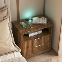 Nightstand with Charging Station, Smart Nightstand with Night Light,Bedside Tables with Storage Cabinet for Bedroom, Wood