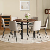 Table and chair set.42 inch modern minimalist brown wood grain round dining table set.Paired with 6 Light Gray Artificial PU Chairs With Curved Widened Cushion Design. Suitable for dining rooms,etc.