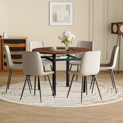 Table and chair set.42 inch modern minimalist brown wood grain round dining table set.Paired with 6 Light Gray Artificial PU Chairs With Curved Widened Cushion Design. Suitable for dining rooms,etc.