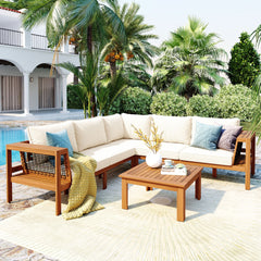 GO 4 Pieces Outdoor Acacia Wood Sofa Set, Woven Mesh Armrests, L-Shaped Patio Furniture Sofa Set with Coffee Table, Outdoor Conversation Set with Gray Cushions and Side Table, Teak Color Look