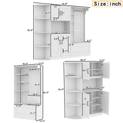 Multifunctional left-right combination hall cabinet (can be used separately) with storage and 4 hooks, storage cabinet/ hall tree 2 in 1 for living room, kitchen and hallway, White