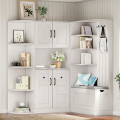 Multifunctional left-right combination hall cabinet (can be used separately) with storage and 4 hooks, storage cabinet/ hall tree 2 in 1 for living room, kitchen and hallway, White
