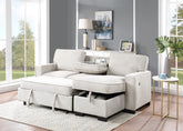 Ella 86.5"W Beige Fabric Reversible Sleeper Sectional with Storage Chaise Drop-Down Table 2 Cup Holders and 2USB Ports