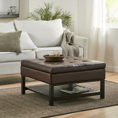 Storage Ottoman Coffee Table,Square Ottoman with Storage and Bottom Rack, Tufted Upholstered Ottomans Coffee Table for Living Room