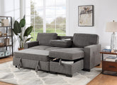 Ella 86.5"W Dark Gray Fabric Reversible Sleeper Sectional with Storage Chaise Drop-Down Table 2 Cup Holders and 2 USB Ports