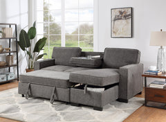 Ella 86.5"W Dark Gray Fabric Reversible Sleeper Sectional with Storage Chaise Drop-Down Table 2 Cup Holders and 2 USB Ports