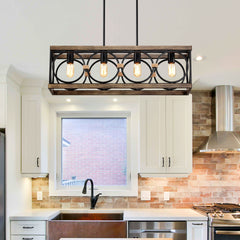 4-Light (Bulb NO Included)Farmhouse Rectangle Pendant Light,31.6" Nature Wood Texture Vintage Rustic Chandeliers Black Metal Industrial Hanging Light Fixtures for Kitchen, Entryway, Dining Room