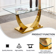 1 table with 4 black chairs. Glass dining table. Equipped with 0.39 "tempered glass tabletop and gold-plated metal irregular bracket. Used in kitchens, dining rooms, living rooms.W1151S00656