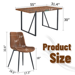 Table and chair set.A retro rectangular dining table with fishbone patterned MDF desktop and black metal legs.Paired With 6 Technology-Fabric Brown Chairs With Curved Widened Cushion Design.
