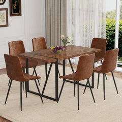 Table and chair set.A retro rectangular dining table with fishbone patterned MDF desktop and black metal legs.Paired With 6 Technology-Fabric Brown Chairs With Curved Widened Cushion Design.