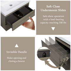 30" Floating Bathroom Vanity with Sink, Wall-Mounted Bathroom Storage Vanity Cabinet with Solid Surface Top Basin and Soft Close Drawers Fully Assembled, Ash Grey 24V11-30AG-W1920P385477